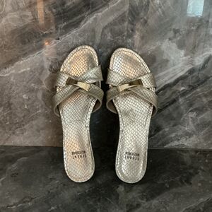 Stuart Weitzman Silver Snake-Embossed Slide Sandals with Bow Accent